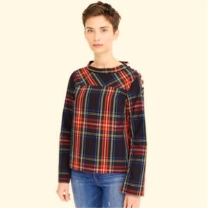 J.Crew Funnel-Neck Jeweled Shoulder Tartan Plaid Blouse